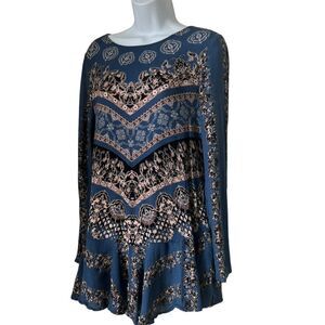 Free People Changing Times Loose Boho Tunic Open Back  Blue Spring Top Blouse S